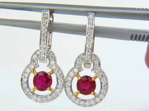 2.40CT NATURAL FINE GEM RED RUBY DIAMOND EARRINGS DANGLE HOOP 14KT - 2