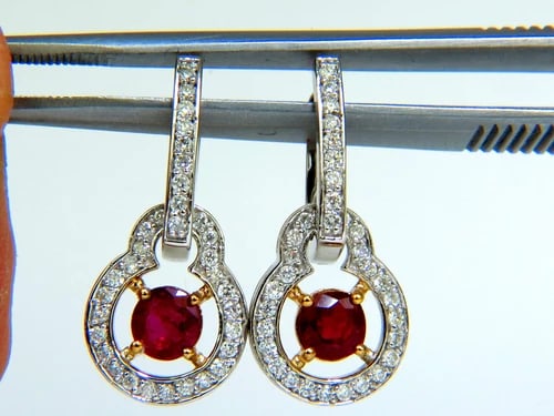 2.40CT NATURAL FINE GEM RED RUBY DIAMOND EARRINGS DANGLE HOOP 14KT - 4