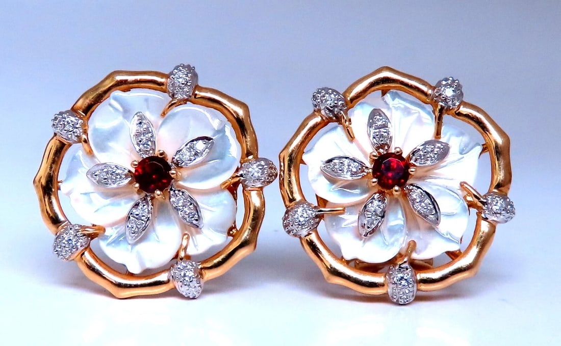 .30ct Natural Ruby Diamonds Mother of Pearl Cluster Stud Earrings 14kt Gold: Ruby Diamond Cluster Earrings .30ct. Natural Red Ruby Clean clarity, full round shape cuts All transparent. Natural Diamonds: .26ct. full cut rounds H color Vs2 clarity. 14KT yellow gold. 13 grams
