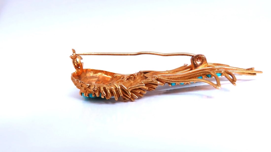 18kt Gold Natural Turquoise Peacock Pin Vintage - 3