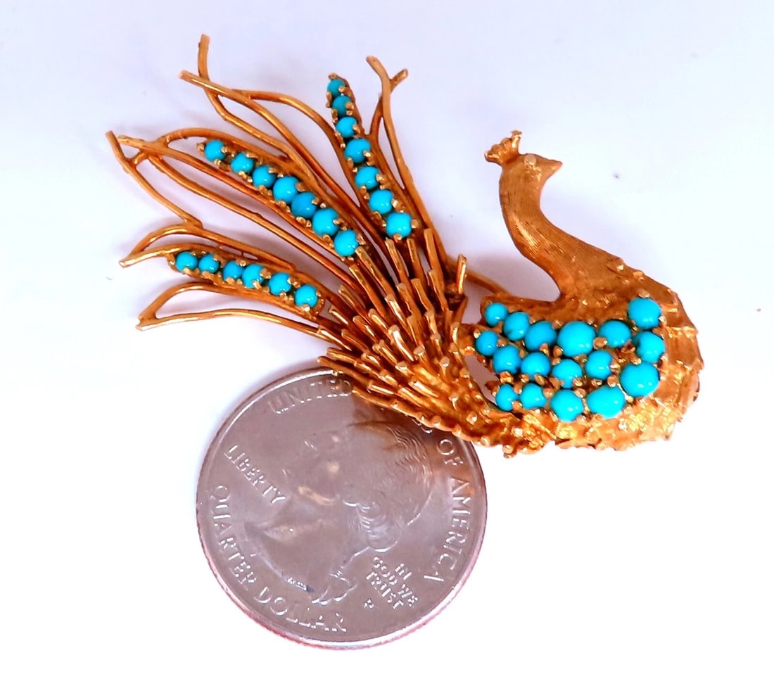 18kt Gold Natural Turquoise Peacock Pin Vintage - 4