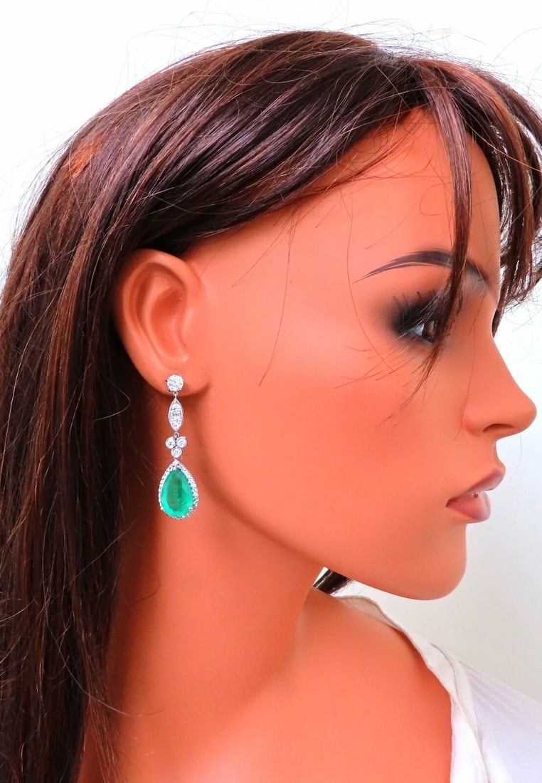 GIA Certified 12.75ct Natural Emeralds Diamond Dangle Earrings 14kt Gold - 5