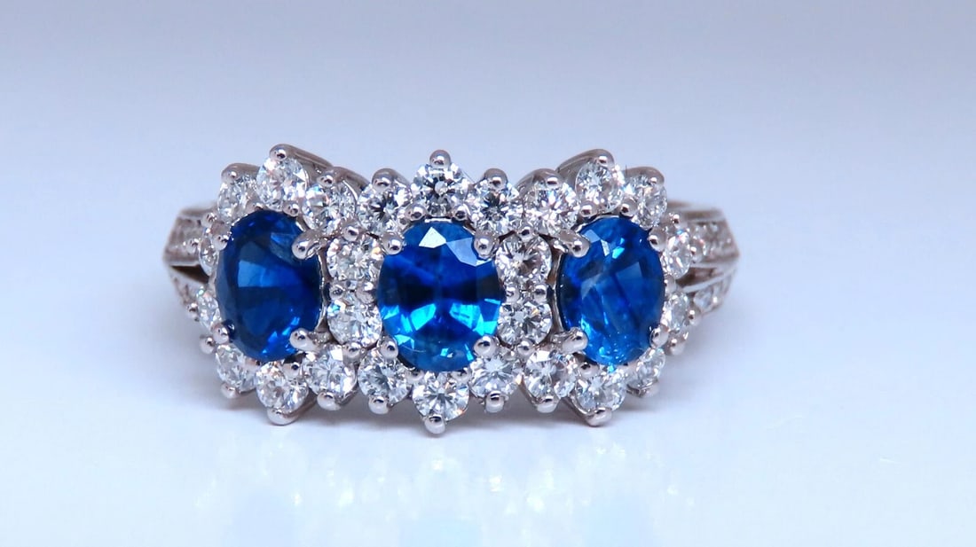 1.25ct Natural Sapphires Diamonds Ring 14kt Gold Three stone style - 2