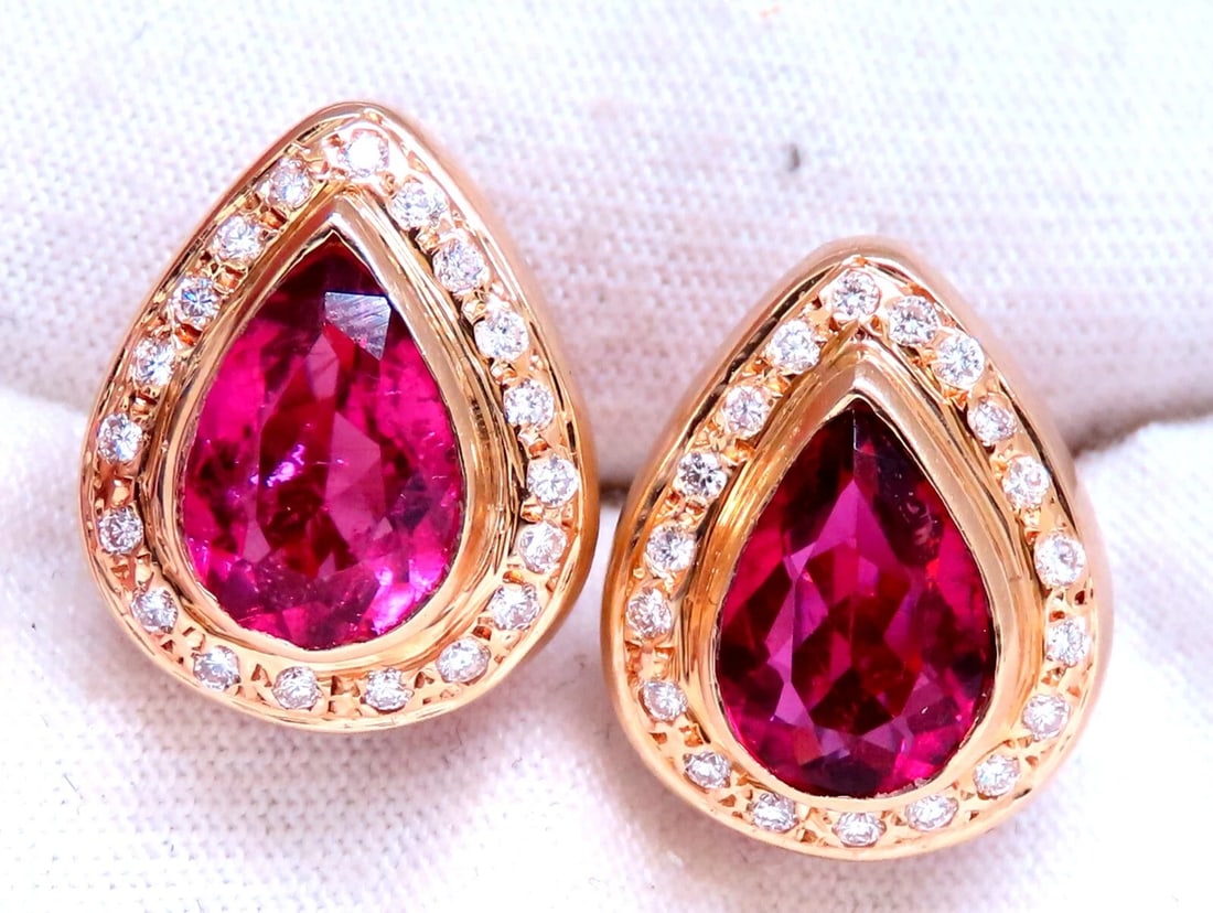 5.40ct Natural Pink Tourmaline Diamonds Earrings 14kt: MAGNIFICENT JEWELS 5ct natural pear shaped tourmalines 9x6mm & .40ct diamonds earrings. I-color vs-2 Si-1 clarity. 14kt yellow gold Item: 6.9gms. $9000 Appraisal to accompany. All Items come with a