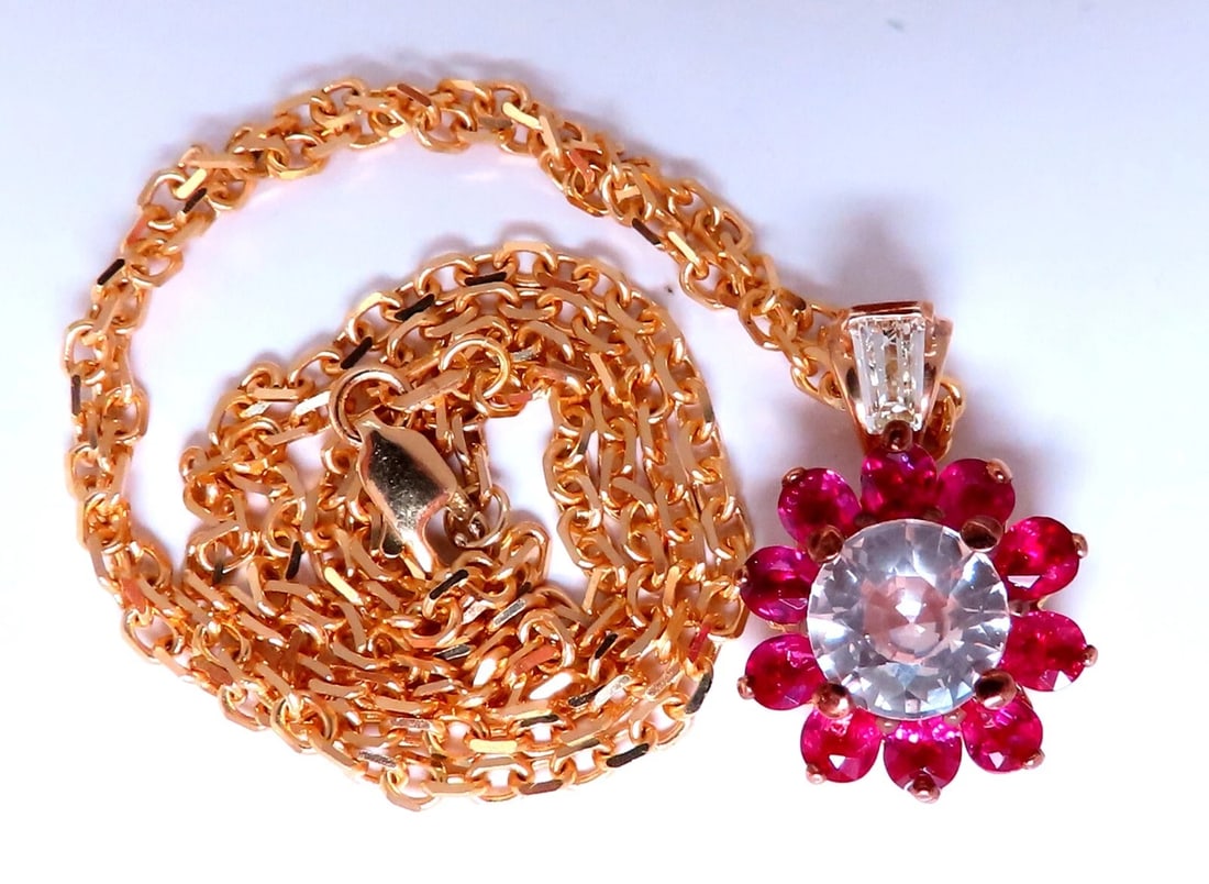 4.27ct natural pink sapphire ruby diamonds necklace 14kt: MAGNIFICENT JEWELS 1.92ct. Natural Pink Sapphire Necklace Cancy Light Pink Color VS clean clarity Brilliant Round cut 7.6mm 2.05ct. Round Natural Rubies. Full cut, brilliant Vs-2 clean Clarity Vivid