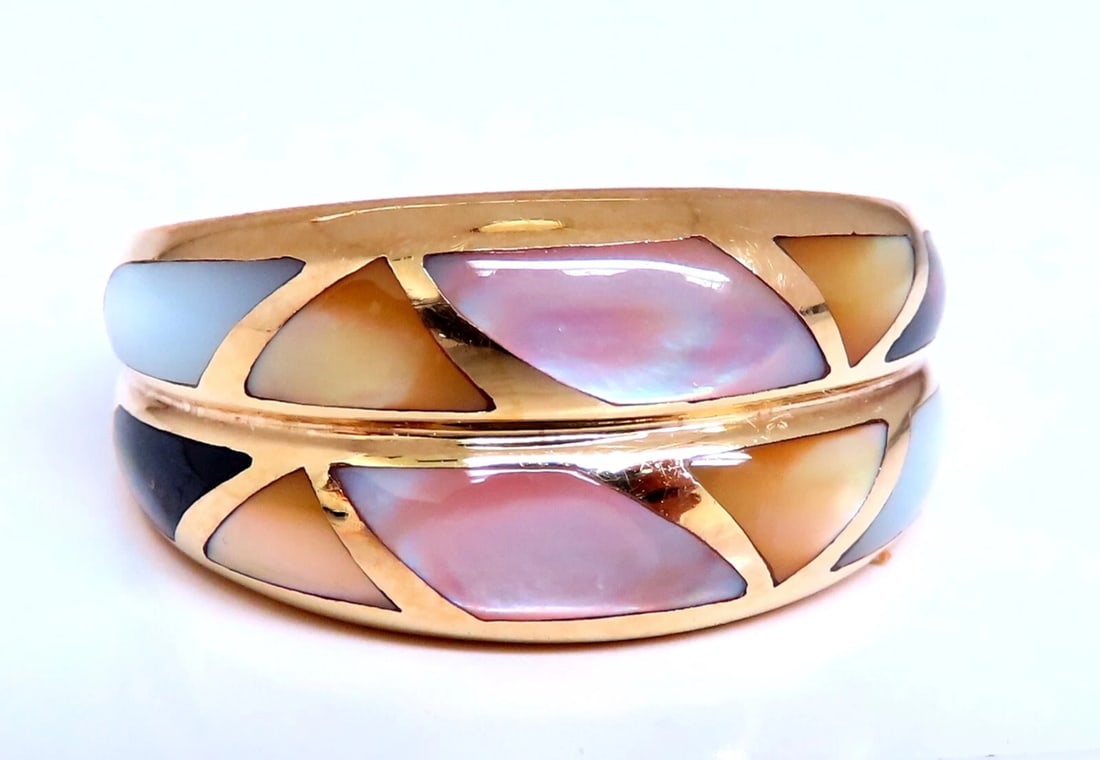 Asch Grossbardt Carved Mosaic Moonstone Twin Band Ring 14kt gold: Authentic Asch Grossbardt CArved Moonstone Twin band. threads of greens, orange and some yellows. 14kt. yellow gold 6.7 grams. Ring measures: 10mm wide Depth: 4mm current ring size: 6.5 All Items