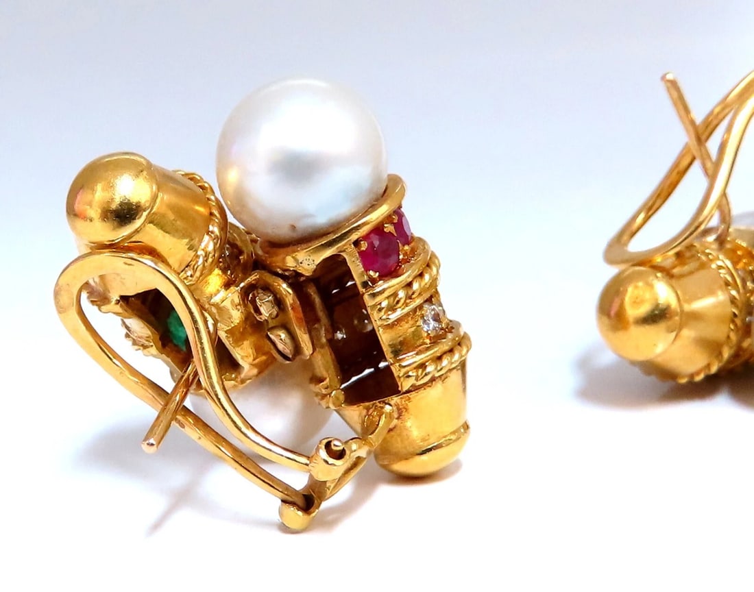 3ct Natural Ruby Emerald Sapphire Pearl clip Earrings 18kt - 7