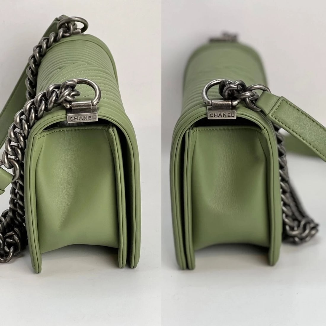 Chanel Calfskin Chevron Quilted Medium Boy Flap Light Green Bag - 16