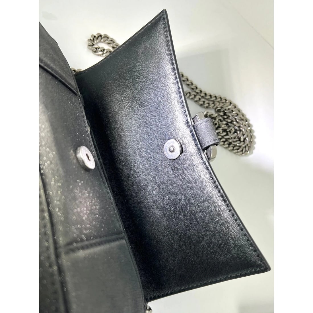 BALENCIAGA Hourglass Wallet On Chain Black Glitter Clutch Shoulder Bag - 16
