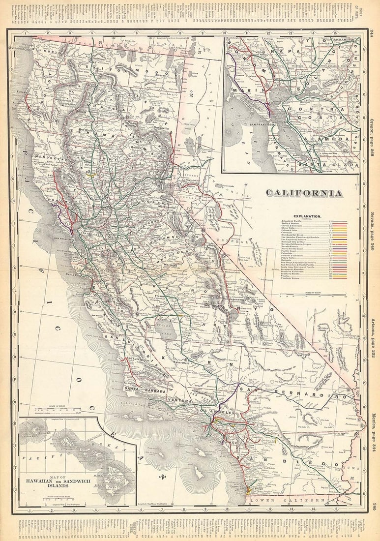 California: Publication Date:c1891 Title:California,li>Cartographer:CRAM, GEORGE F. Publisher:Double sheet grid map from Grant's Bankers' and Brokers' railway system atlas. Railroads color coded. Shows some topog