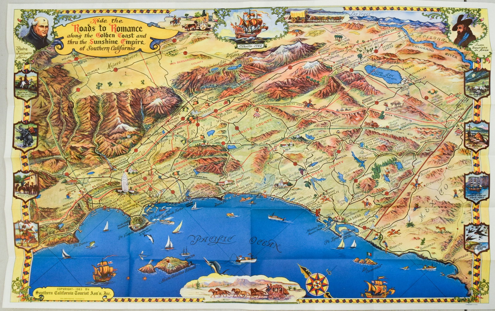 1963 Putnam Pictorial Map of Southern California -- Ride the Roads to Romance along the Gold Coast: Title:1963 Putnam Pictorial Map of Southern California -- Ride the Roads to Romance along the Gold Coast thru the Sunshine Empire of Southern California,li>Cartographer:C Putnam Year/Place:1963, San
