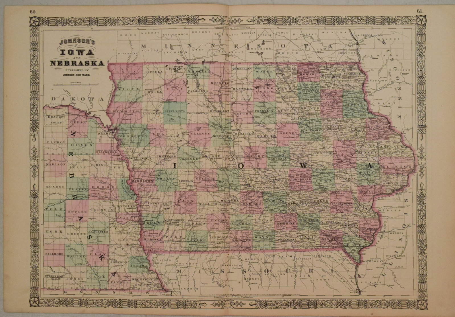 1866 Johnson Map of Iowa and Eastern Nebraska -- Johnson's Iowa and Nebraska: Title:1866 Johnson Map of Iowa and Eastern Nebraska -- Johnson's Iowa and Nebraska,li>Cartographer:Johnson and Ward Year/Place:1866, New York Map Dimension (in.):17 X 23.1 in. Description:This is an