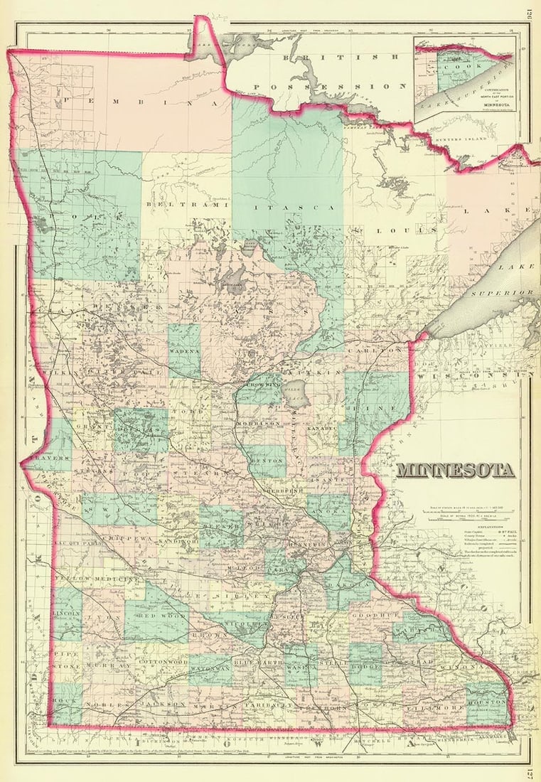 Minnesota: Publication Date:1880 Title:Minnesota,li>Cartographer:COLTON, G.W. & C.B. & CO. Publisher:From their The National Atlas. Fine large double-page maps with all railroads. Height:23.5 Width:16.5