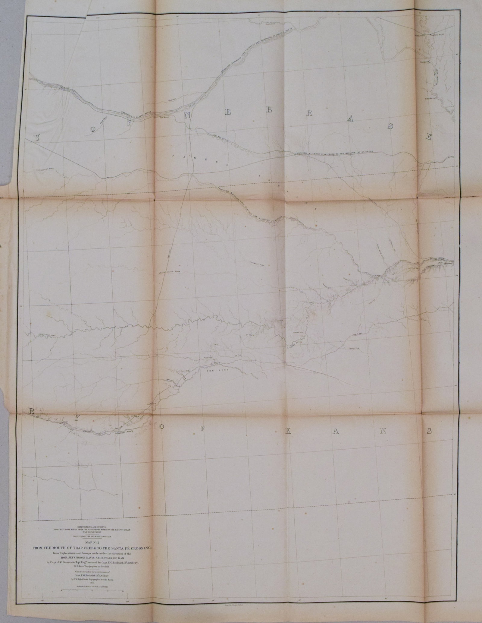 1855 Gunnison Map of Kansas and Nebraska -- Map No. 2 - From the Mouth of Trap Creek to the Santa Fe: Title:1855 Gunnison Map of Kansas and Nebraska -- Map No. 2 - From the Mouth of Trap Creek to the Santa Fe Crossing Under the direction of the Hon. Jefferson Davis...By Capt. J.W. Gunnison Topl. Engrs
