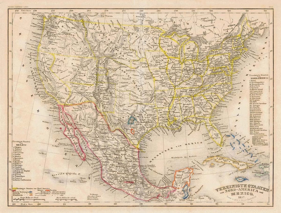 Vereinigte Staaten Von Nord-America Und Mexico.: Publication Date:1857 Title:Vereinigte Staaten Von Nord-America Und Mexico.,li>Cartographer:RADEFELD, C.C.F. Publisher:"Entw. u. gez. v. Major Radefeld." From the "Neues Conversations Lexicon."