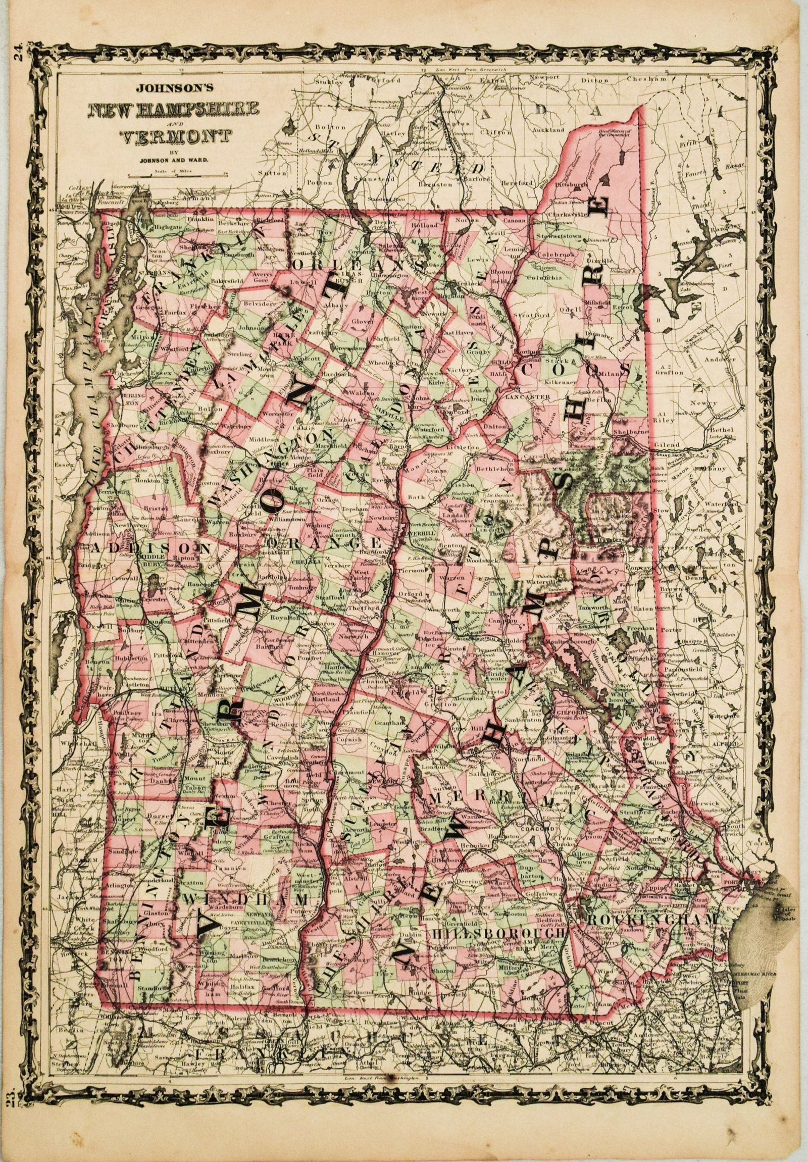 1861 Johnson Map of New Hampshire and Vermont -- Johnson's New Hampshire and Vermont: Title:1861 Johnson Map of New Hampshire and Vermont -- Johnson's New Hampshire and Vermont,li>Cartographer:Johnson & Ward Year/Place:1861, New York Map Dimension (in.):24 x 17 in. Description:This is