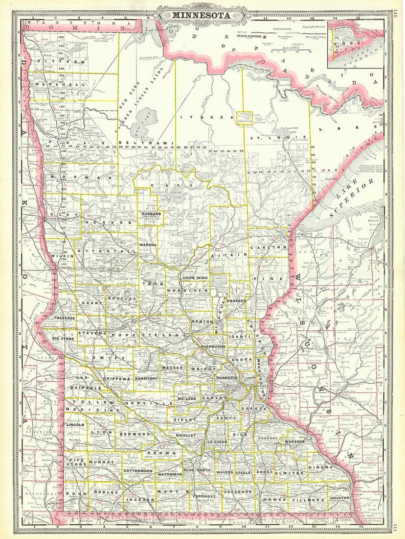 Minnesota: Publication Date:1887 Title:Minnesota,li>Cartographer:CRAM, GEORGE F. Publisher:From the Grant's Standard American atlas, cover date 1887. Shows railroads of the state. Inset of Cook County on Lake