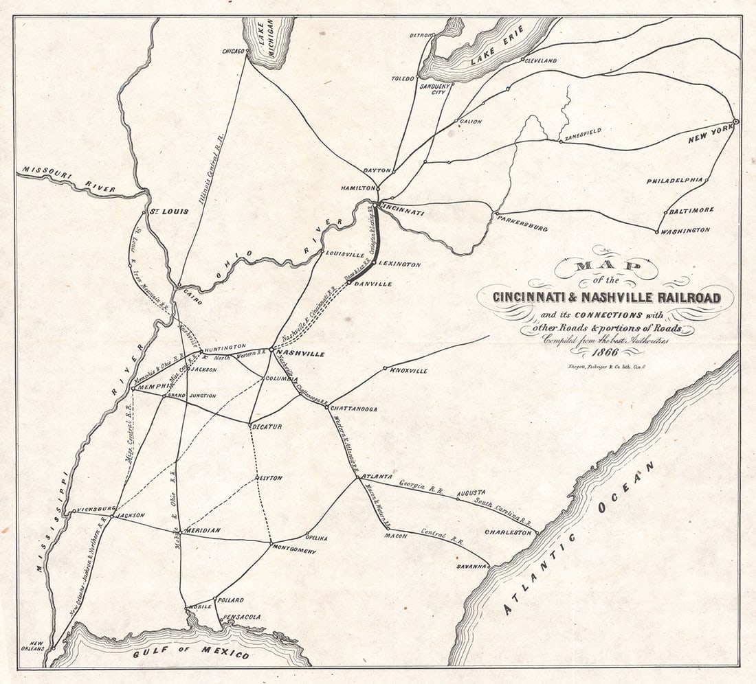 Map of the Cincinnati & Nashville Railroad: Publication Date:1866 Title:Map of the Cincinnati & Nashville Railroad,li>Cartographer: Publisher:and its connections with other Roads & portions of Roads. Compiled from the best Authorities 1866.
