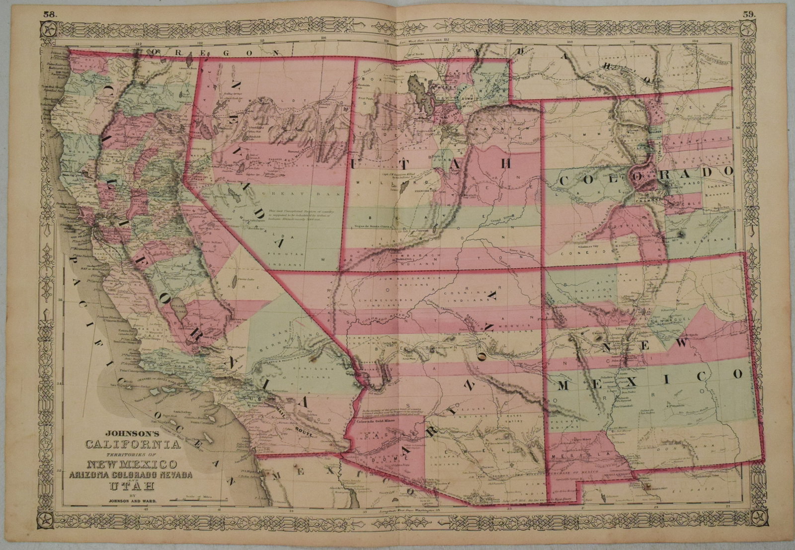 1863 Johnson Map of US West -- Johnson's California,Territories of New Mexico, Arizona, Colorado,: Title:1863 Johnson Map of US West -- Johnson's California,Territories of New Mexico, Arizona, Colorado, Nevada and Utah,li>Cartographer:Johnson and Ward Year/Place:1863, New York Map Dimension (in.):1