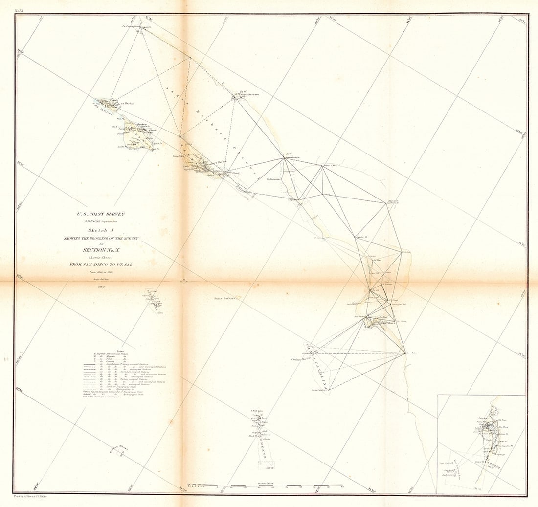 ...Sketch J Showing the Progress of the Survey in Section X (Lower Sheet): Publication Date:1861 Title:...Sketch J Showing the Progress of the Survey in Section X (Lower Sheet),li>Cartographer:U.S. COAST SURVEY Publisher:"from San Diego to Pt. Sal from 1850 to 1860" Modern