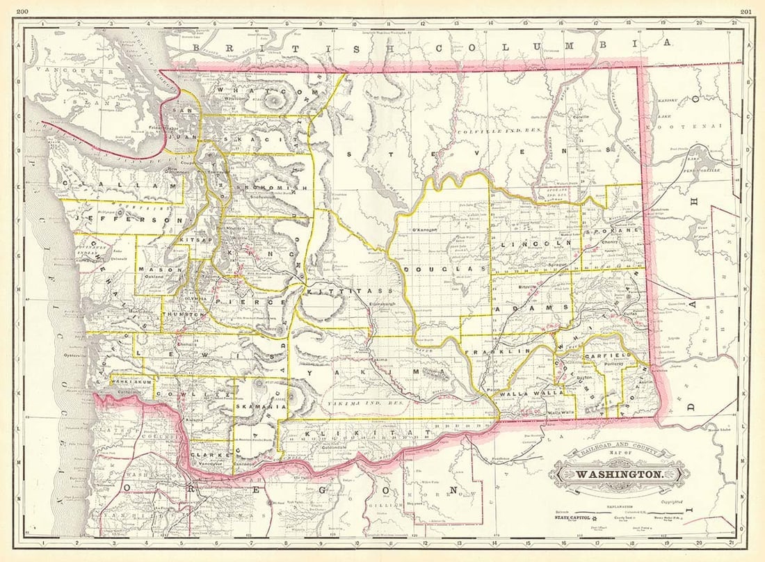 Railroad and County Map of Washington.: Publication Date:1887 Title:Railroad and County Map of Washington.,li>Cartographer:CRAM, GEORGE F. Publisher:From the Grant's Standard American atlas, cover date 1887. Shows the Pacific Railroad route