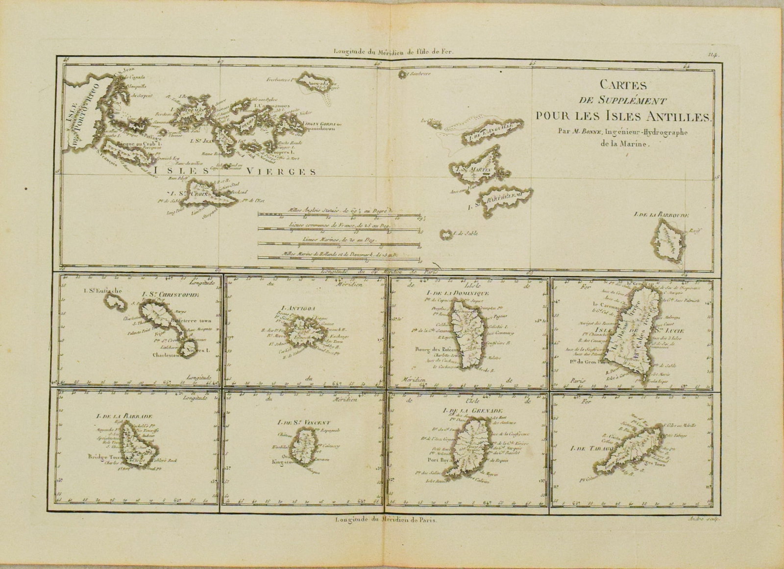 1787 Bonne Map of the Virgin Islands and Eight Additional Islands -- Cartes de Supplement pour les (1 of 1)