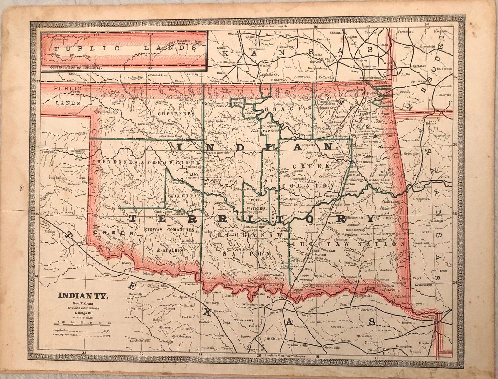 1893 Cram Map of Indian Territory -- Indian Ty.: Title:1893 Cram Map of Indian Territory -- Indian Ty.,li>Cartographer:G Cram Year/Place:1893 Chicago Map Dimension (in.):9.2 X 12 in. Description:This is an excellent map of Indian Territory, the
