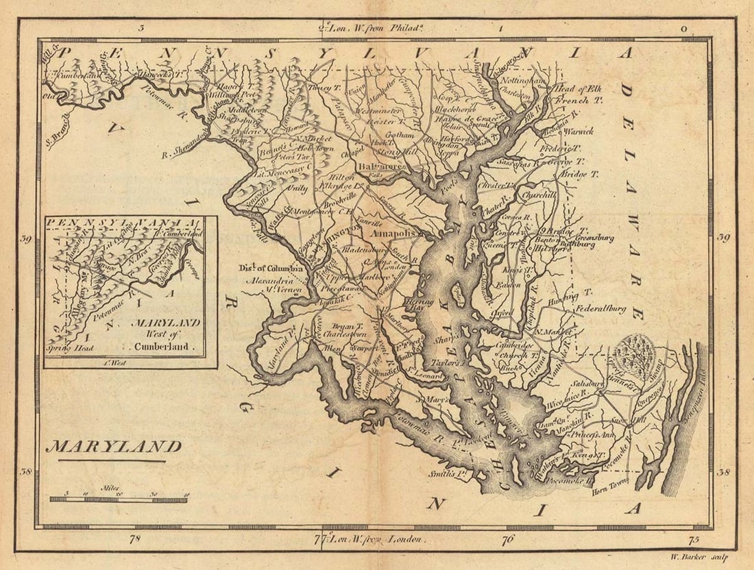 Maryland: Publication Date:1814 Title:Maryland,li>Cartographer:BARKER, W. Publisher:From the Fourth edition of Carey's American Pocket atlas. With text page. Browned. Height:5.8 Width:7.8 Reserve: $45.00