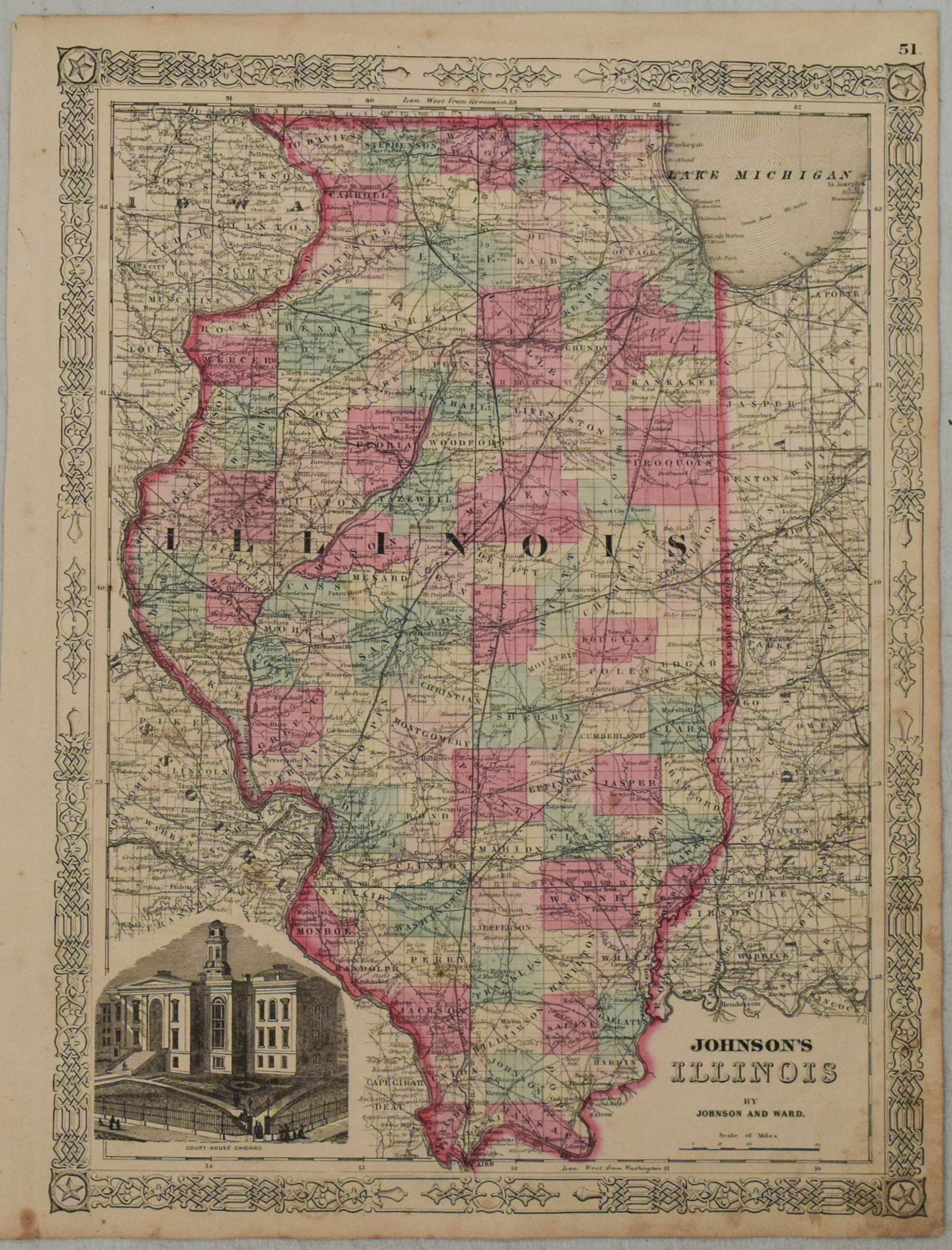 1863 Johnson's Map of Illinois -- Johnson's Illinois: Title:1863 Johnson's Map of Illinois -- Johnson's Illinois,li>Cartographer:Johnson & Ward Year/Place:1863, New York Map Dimension (in.):17 X 12.8 in. Description:This is an excellent map of Illinois.