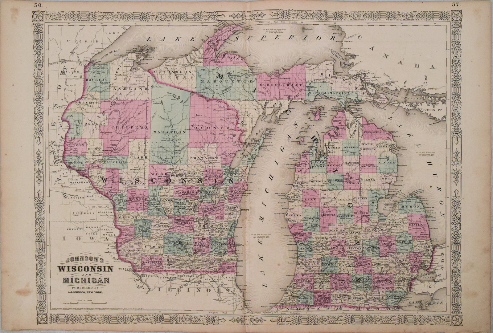 1864 Johnson Map of Michigan and Wisconsin -- Johnson's Michigan and Wisconsin: Title:1864 Johnson Map of Michigan and Wisconsin -- Johnson's Michigan and Wisconsin,li>Cartographer:A Johnson Year/Place:1864, New York Map Dimension (in.):17 X 23 in. Description:This is an excellen