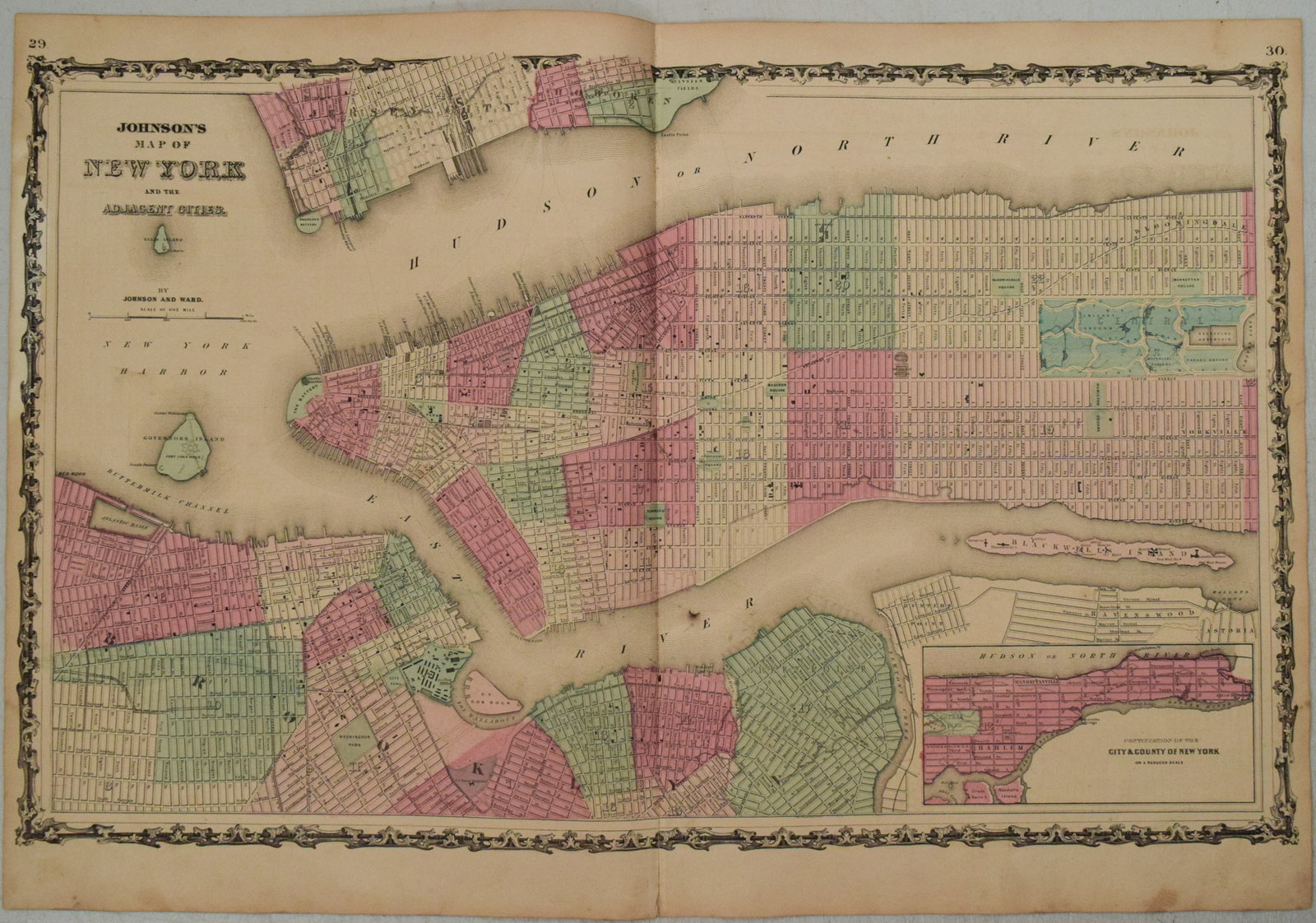 1863 Johnson Map of New York City -- Johnson's New York and Adjacent Cities: Title:1863 Johnson Map of New York City -- Johnson's New York and Adjacent Cities,li>Cartographer:Johnson and Ward Year/Place:1863, New York Map Dimension (in.):15.8 X 25.5 in Description:This is a
