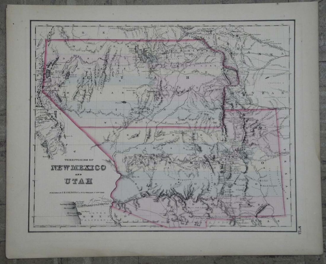 Territories of New Mexico and Utah: Publication Date:1857 Title:Territories of New Mexico and Utah,li>Cartographer:COLTON, J.H. Publisher:No. 53 Issue without AZ lightly stencilled in lower NM. Gadsden Treatly lands in pink. Also counti