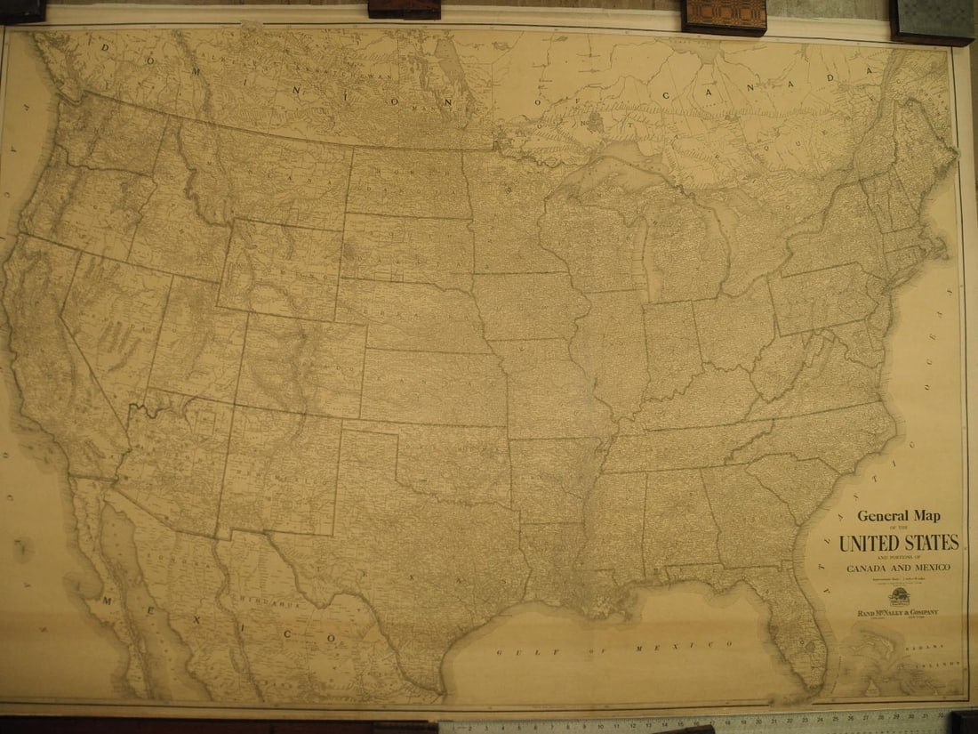 General map of the United States and portions of Canada and Mexico: Publication Date:c1924 Title:General map of the United States and portions of Canada and Mexico,li>Cartographer: Publisher:Very detailed national wall map. Green state boundaries on sepia. Lacks rods,