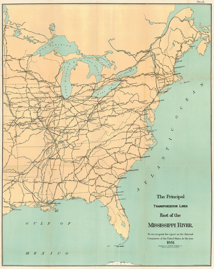 Principal Transportation Lines East of The Mississippi River: Publication Date:1884 Title:Principal Transportation Lines East of The Mississippi River,li>Cartographer:NIMMO, JOSEPH, JR. Publisher:"to accompany the report on the Internal Commerce of the United St