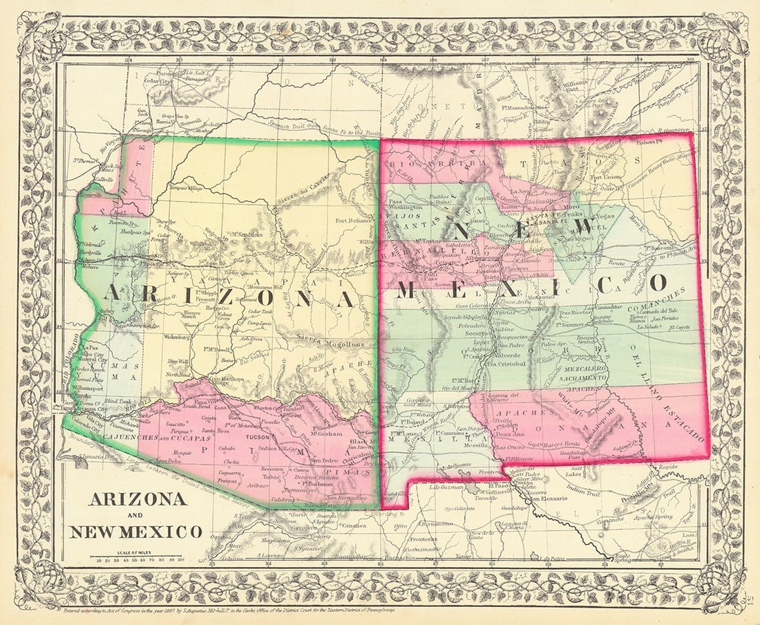 County Map of Arizona and New Mexico: Publication Date:1867 Title:County Map of Arizona and New Mexico,li>Cartographer:MITCHELL, S.A. Publisher:Colored by county (5 in AZ; 10 in NM). Tucson capital of AZ, no Phoenix. "Pt. of Mountain" jus