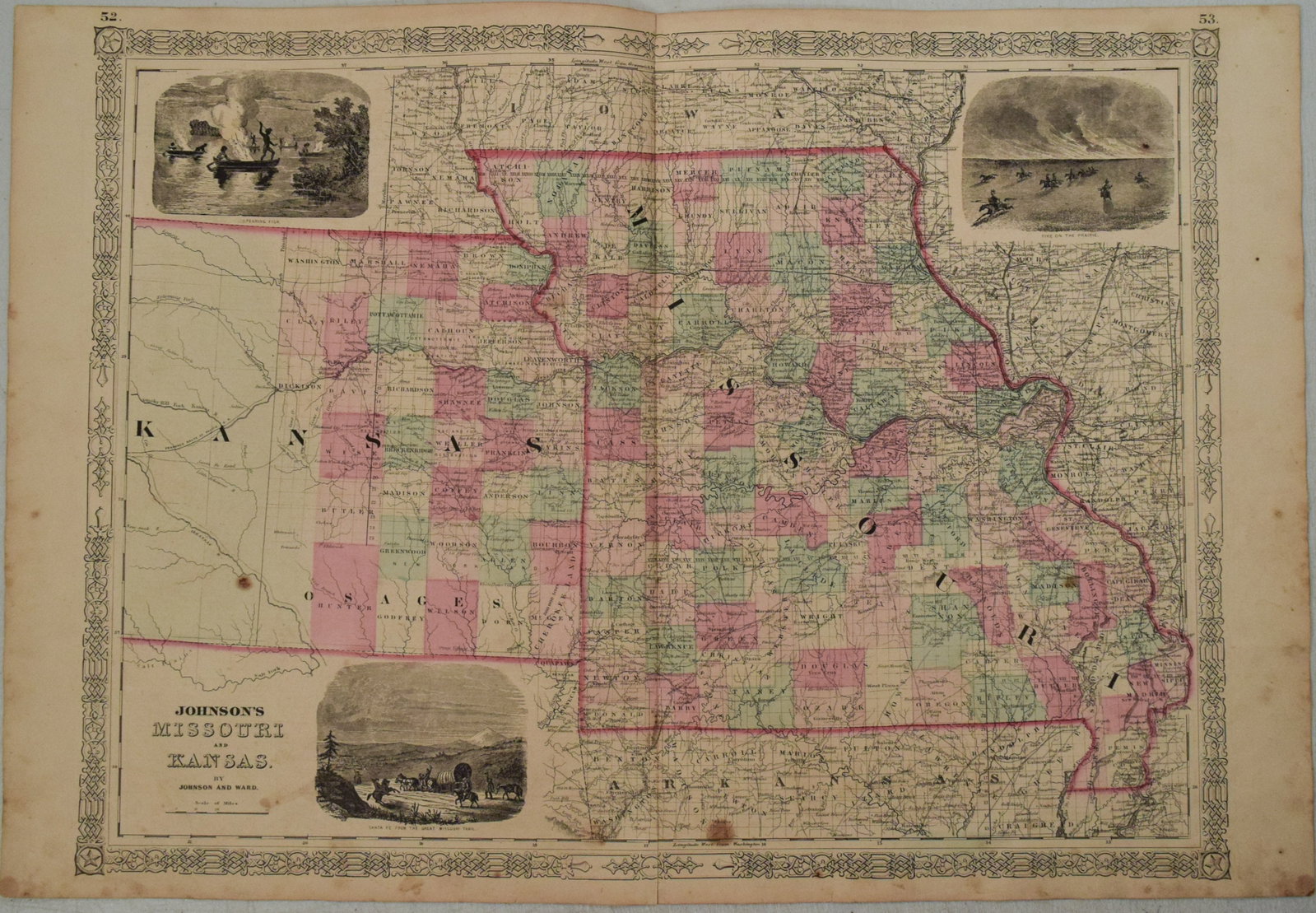 1863 Johnson Map of Missouri and Kansas -- Johnson's Missouri and Kansas: Title:1863 Johnson Map of Missouri and Kansas -- Johnson's Missouri and Kansas,li>Cartographer:Johnson and Ward Year/Place:1863, New York Map Dimension (in.):17.1 X 23.1 in. Description:This excellent