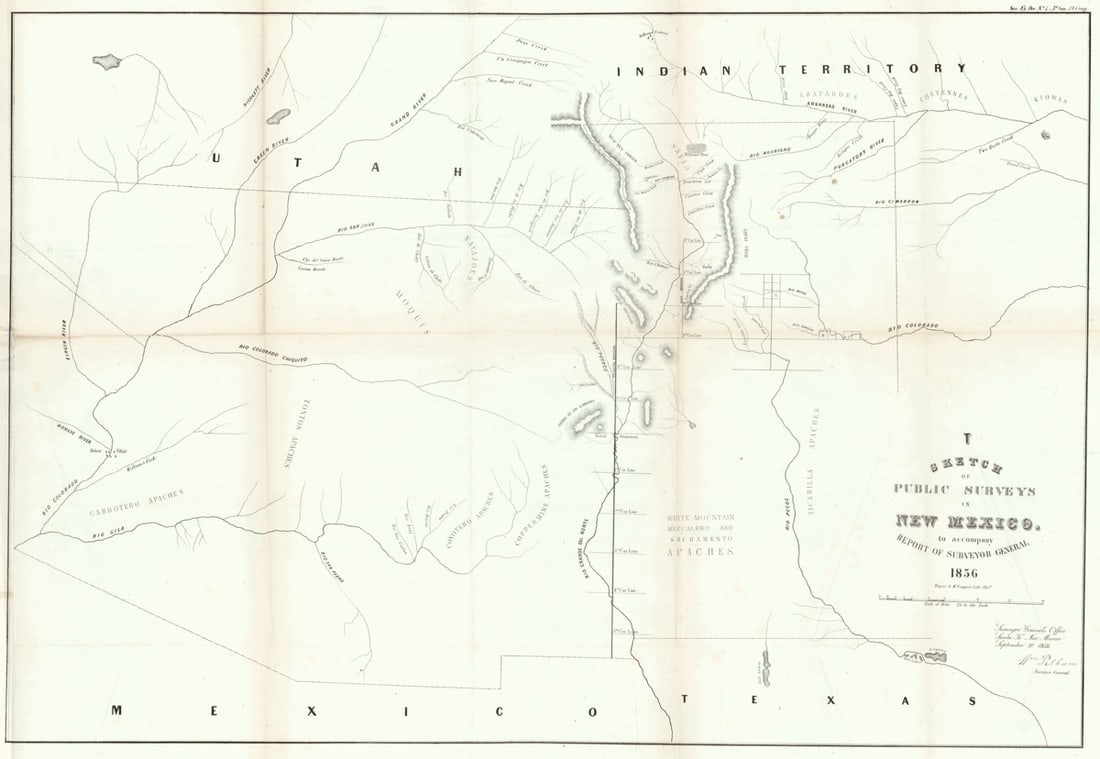 T Sketch of Public Surveys in New Mexico.: Publication Date:1856 Title:T Sketch of Public Surveys in New Mexico.,li>Cartographer:PELHAM, WILLIAM Publisher:"To accompany report of surveyor general 1856" Locates the numerous different Apache