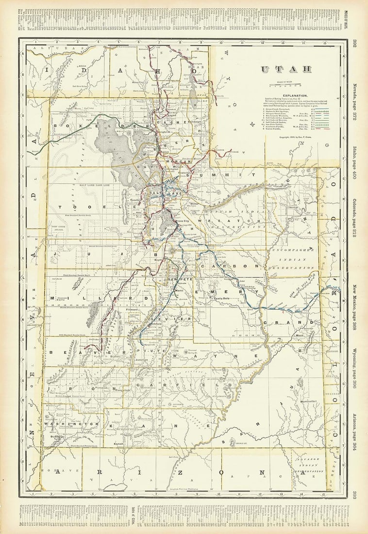 Utah: Publication Date:c1899 Title:Utah,li>Cartographer:CRAM, GEO. F. Publisher:Map with excellent detail of topo., towns, railroads, etc. Index on reverse. From Cram's Standard American Railway Systems