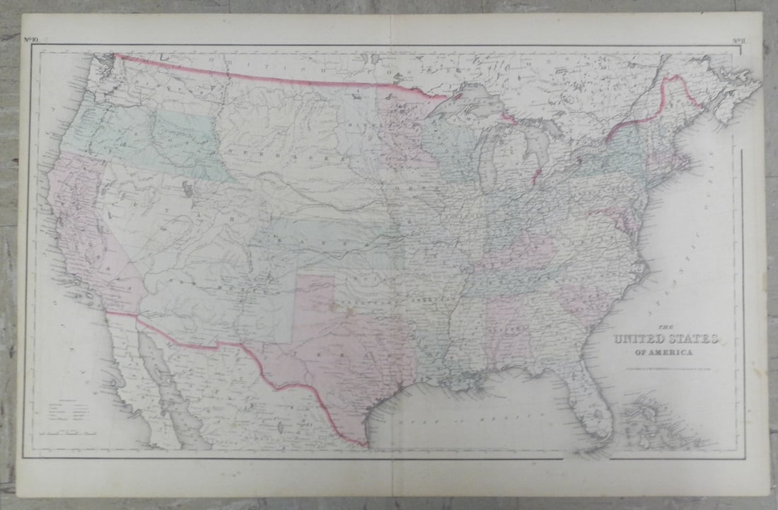 United States of America: Publication Date:1858 Title:United States of America,li>Cartographer: Publisher:Scarce transitional with spelling, Kanzas, Minnesota in two colors for the upcoming Dakota Ter. Fold repaired.