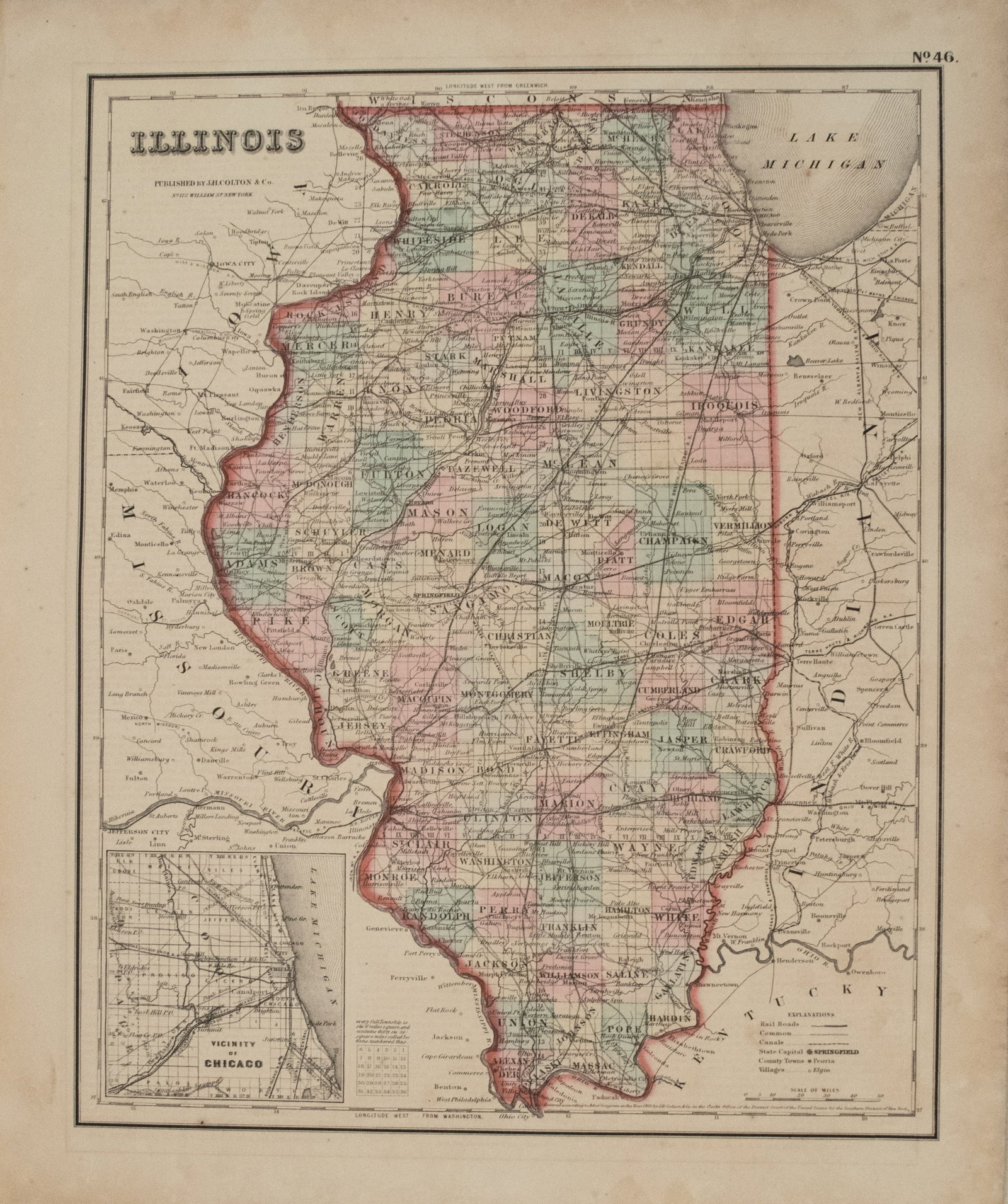 1855 Colton Map of Illinois -- Illinois: Title:1855 Colton Map of Illinois -- Illinois,li>Cartographer:J Colton Year/Place:1855, New York Map Dimension (in.):14.6 X 11.8 in. Description:This is a very nice map of Illinois with inset of great