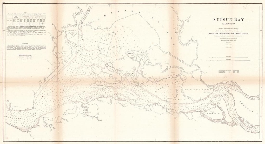 ... Suisun Bay California ...: Publication Date:1867 Title:... Suisun Bay California ...,li>Cartographer:RODGERS, A. F. Publisher:Shows many soundings, rivers near Benicia. Lightly browned. Fragile. fold repair. Height:17.25