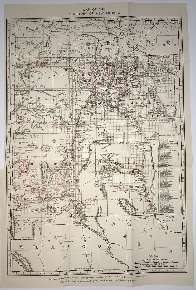 Map of the Territory of New Mexico: Publication Date:1896 Title:Map of the Territory of New Mexico,li>Cartographer:SECRETARY OF THE INTERIOR Publisher:Map showing mining districts (w/numbered table), roads, railroads, towns, townships,