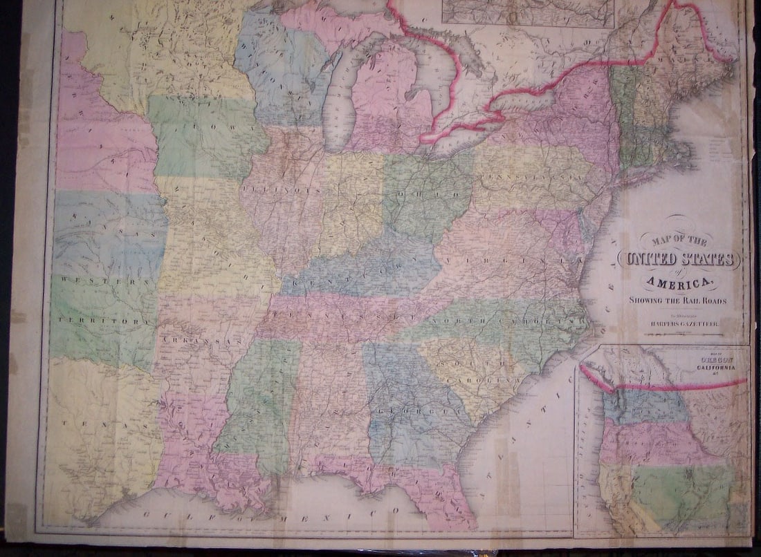 Map of the United States of America, Showing the Railroads...: Publication Date:1855 Title:Map of the United States of America, Showing the Railroads...,li>Cartographer:SMITH, J. CALVIN Publisher:"To Illustrate Harper's Gazetteer." Folding map showing U.S. to