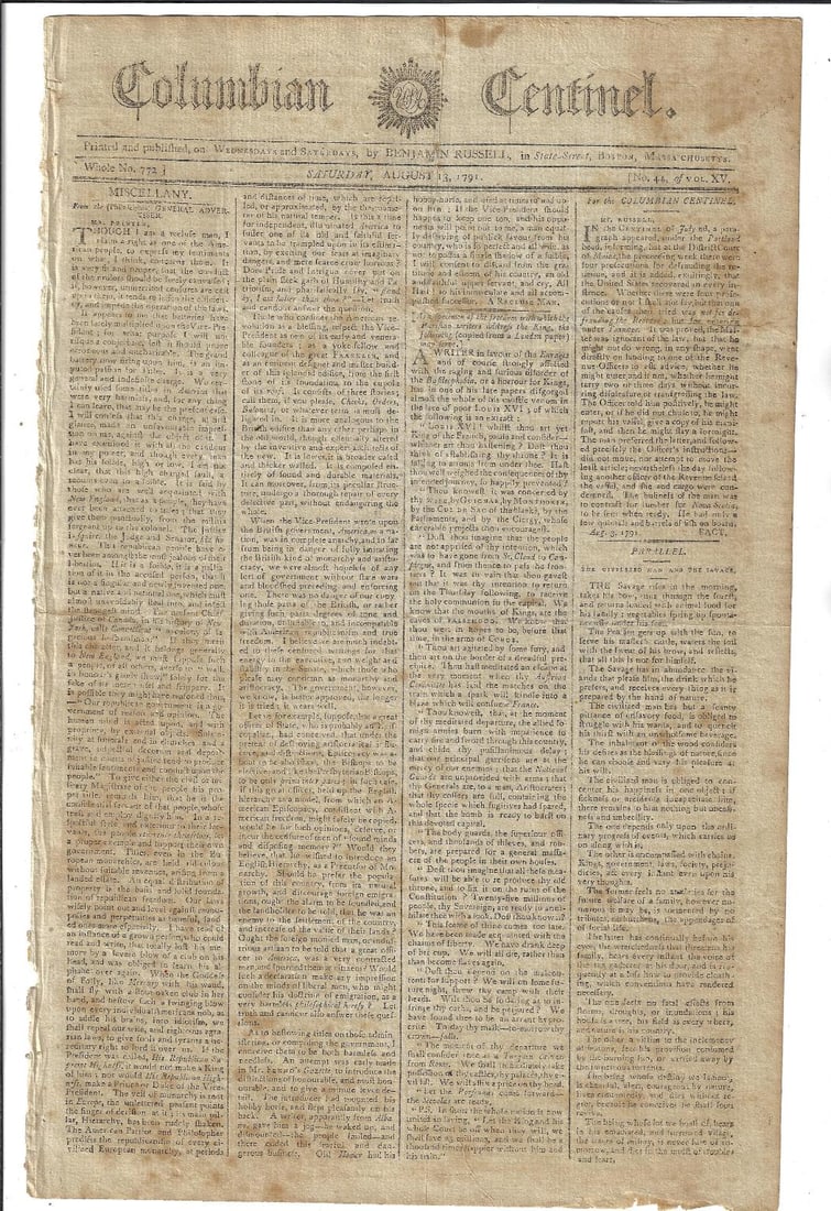 1791 Boston Newspaper Supreme Court France: Title: 1791 Boston Newspaper Supreme Court France Description: The August 13, 1791 issue of the Columbian Centinel printed at Boston by Benjamin Russell, four pages complete. Much interesting content 