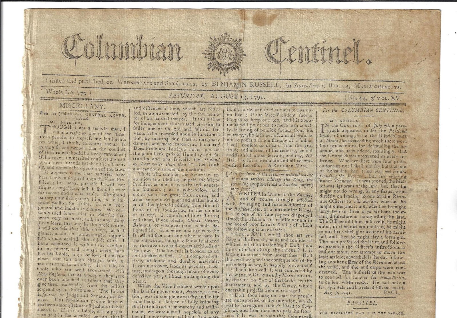 1791 Boston Newspaper Supreme Court France - 2