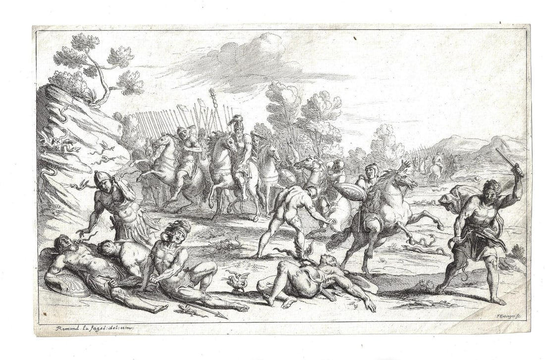 1685 Fine Military Engraving After Raymond La Fage: Title: 1685 Fine Military Engraving After Raymond La Fage Description: A fine engraving of a battle after Raymond La Fage (1650-1684) by Franz Ertinger (1640-1710)circa 1685. On laid paper, light crea