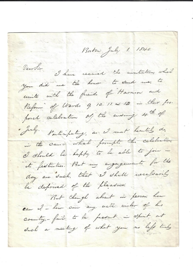 1840 Manuscript Letter Whig Party Harrison and Reform: Title: 1840 Manuscript Letter Whig Party Harrison and Reform Description: An interesting three page manuscript letter of Jonathan Chapman (1807-1848) Politician and Mayor of Boston declining an Indepe