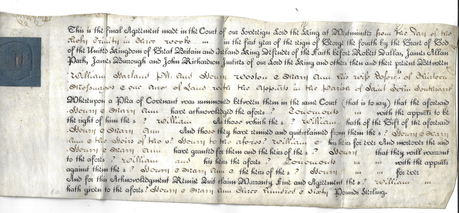 1820 Vellum Final Agreement George IV: Title: 1820 Vellum Final Agreement George IV Description: Partially printed English legal manuscript on vellum circa 1820 recording a property transfer in Southwark. This "Final Concord" documents