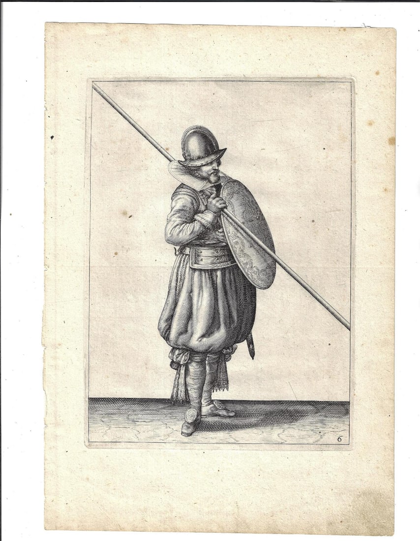 1618 Engraving Soldier Adam Van Breen: Title: 1618 Engraving Soldier Adam Van Breen Description: Soldier holding lance and shield after Adam van Breen (1585-after 1642). Fine condition, measures 10 x 14"., "6" in the plate. From the rare