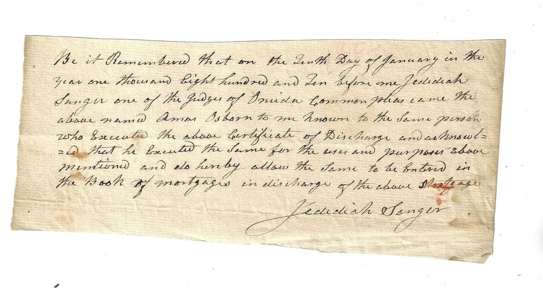 1810 New York Legal Discharge signed Jedidiah Sanger: Title: 1810 New York Legal Discharge signed Jedidiah Sanger Description: A manuscript legal discharge signed by Jedidiah Sanger (1751-1829) as Justice of Oneida Court of Common Pleas. He also served